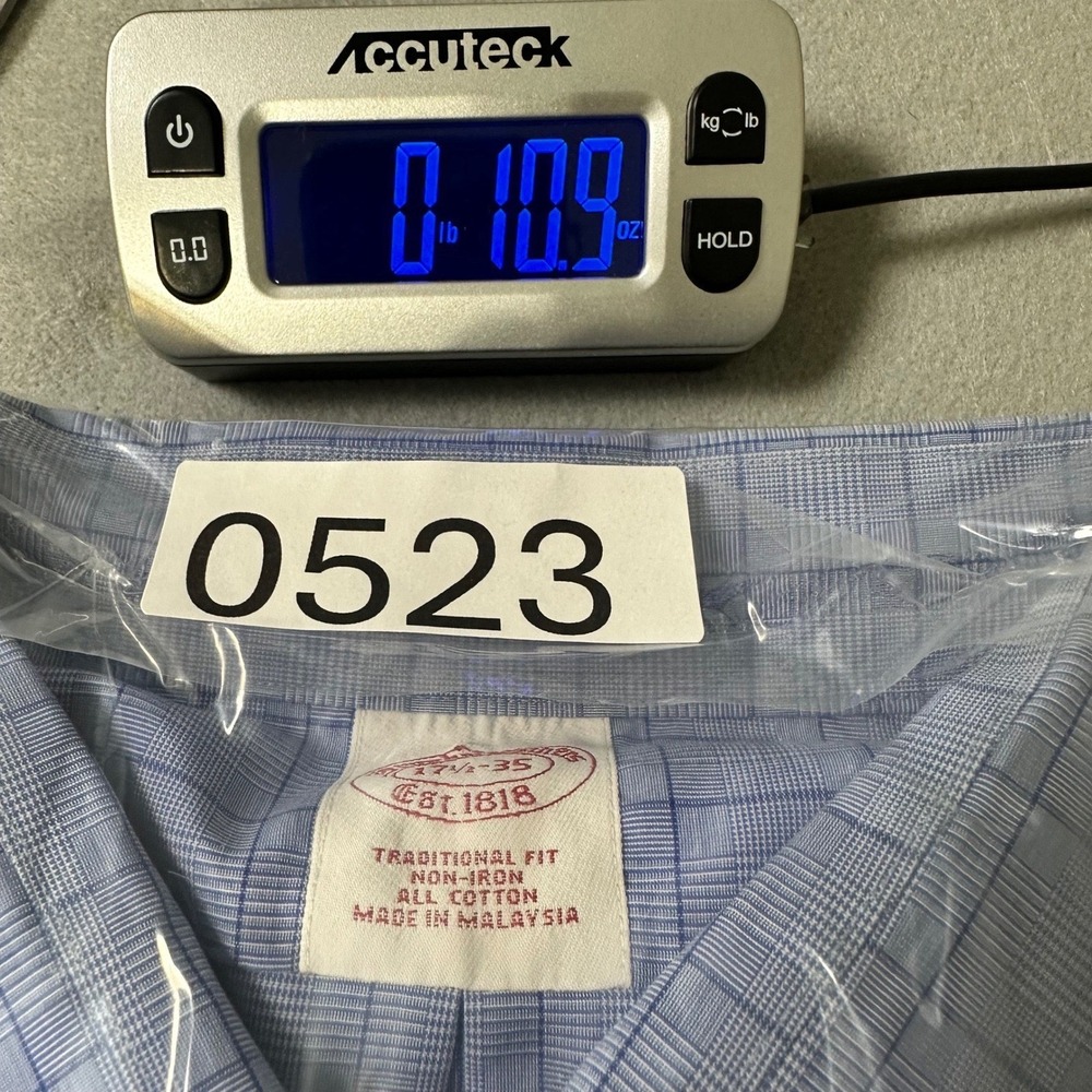 Brooks Brothers Button Down Shirt Mens 17.5-35 Blue Grid Traditional Non-Iron - Picture 8 of 8